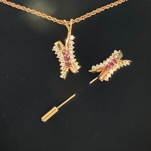 Estate Ruby and Cubic Zirconia Gold Tone Necklace and matching Stick Pin